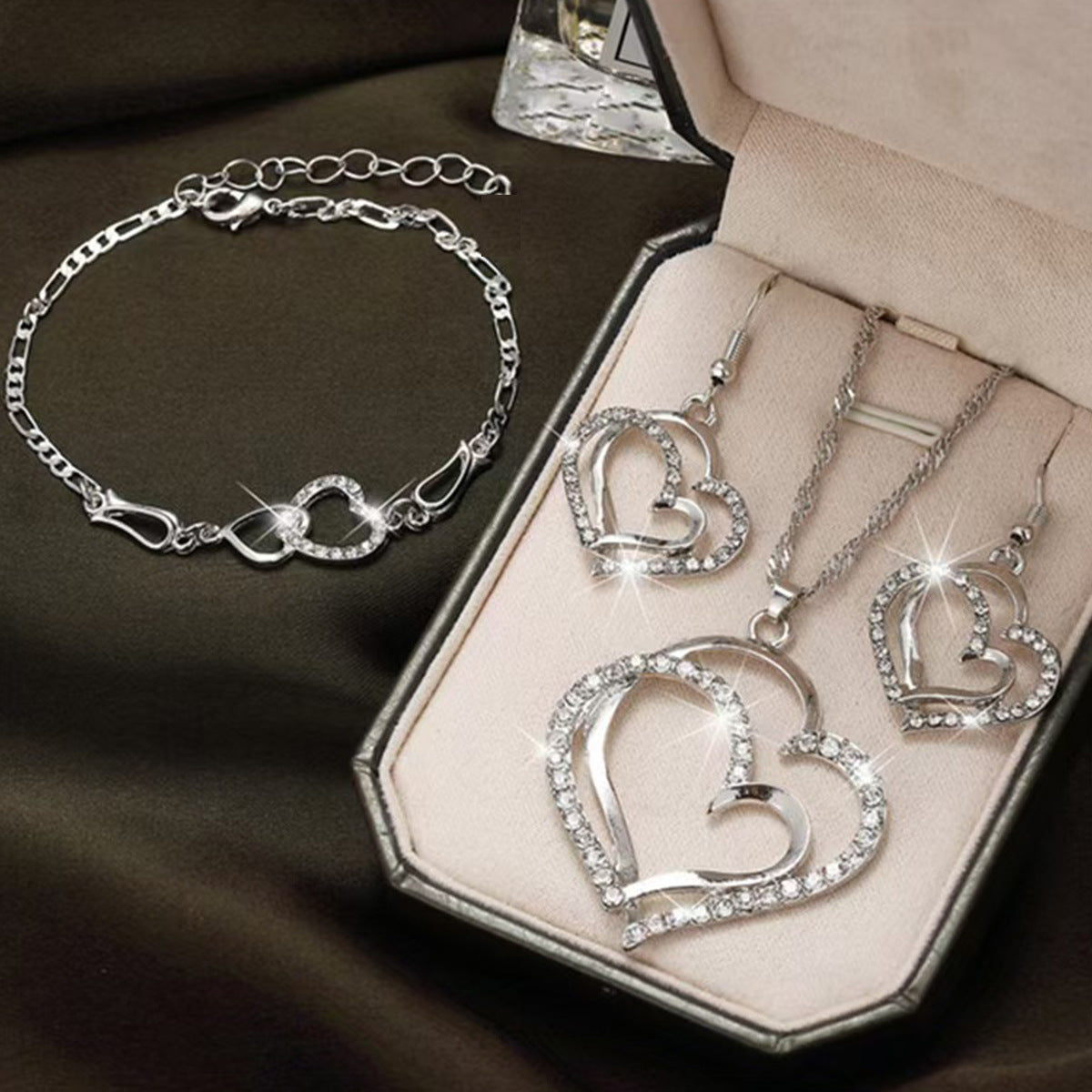 Heart Pendant Jewelry Set - Double Heart Necklace, Earrings, and Bracelet