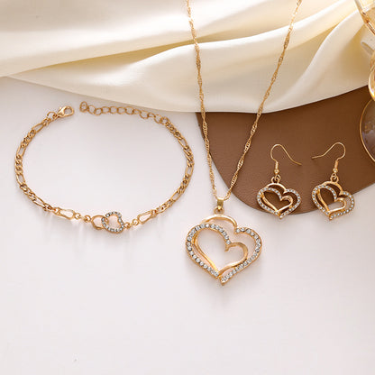 Heart Pendant Jewelry Set - Double Heart Necklace, Earrings, and Bracelet