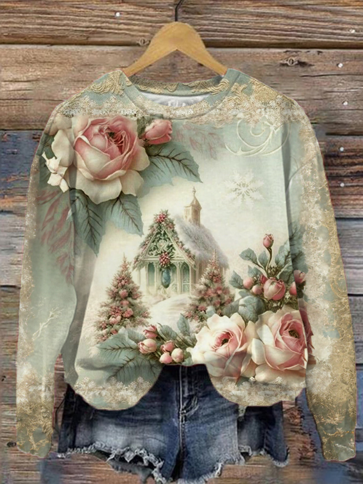 Women's Vintage Christmas Print Long Sleeve Top