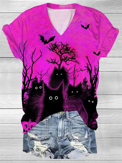 Women's Black Cat Bat Art Pattern V-Neck Casual T-Shirt