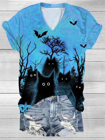 Women's Black Cat Bat Art Pattern V-Neck Casual T-Shirt