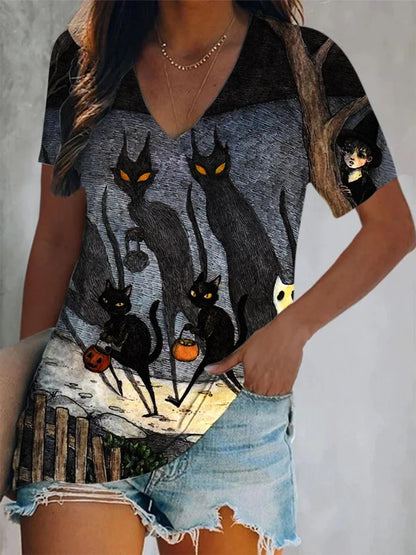 Women's Spooky Black Cats Print V-Neck Casual T-Shirt