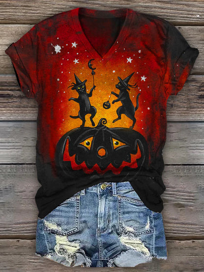 Women's Spooky Black Cats Print V-Neck Casual T-Shirt