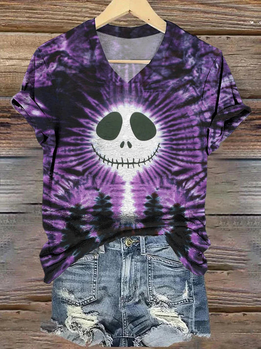 Women's Skull Art Pattern V-Neck Casual T-Shirt