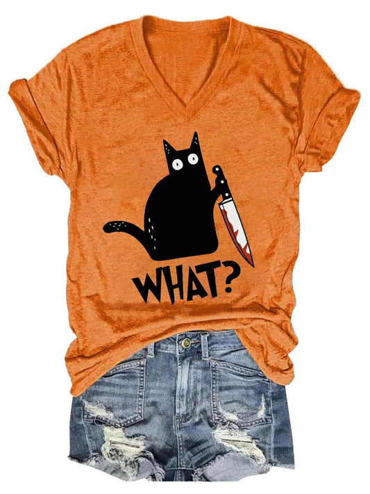 Women's Black Cats Print V-Neck Casual T-Shirt