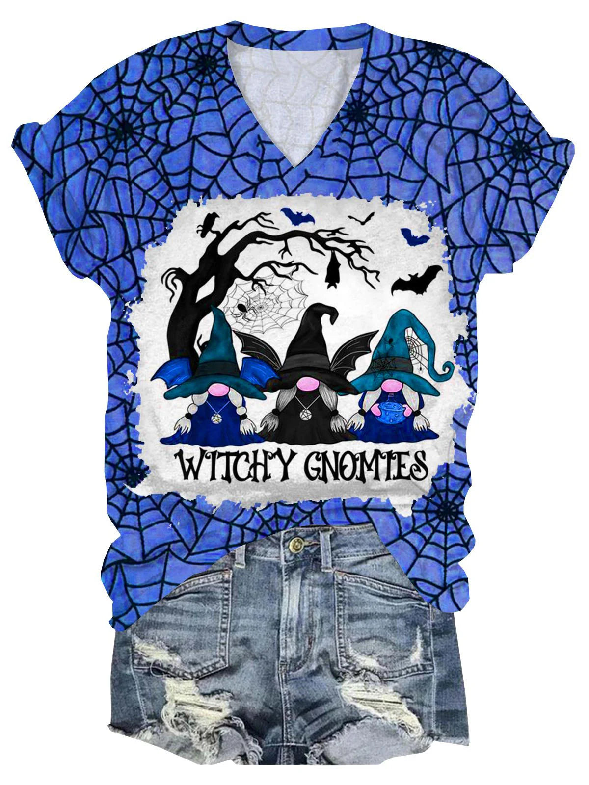 Women's Witch Cobweb Print V-Neck T-Shirt