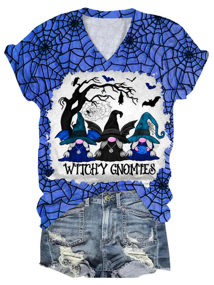 Women's Witch Cobweb Print V-Neck T-Shirt