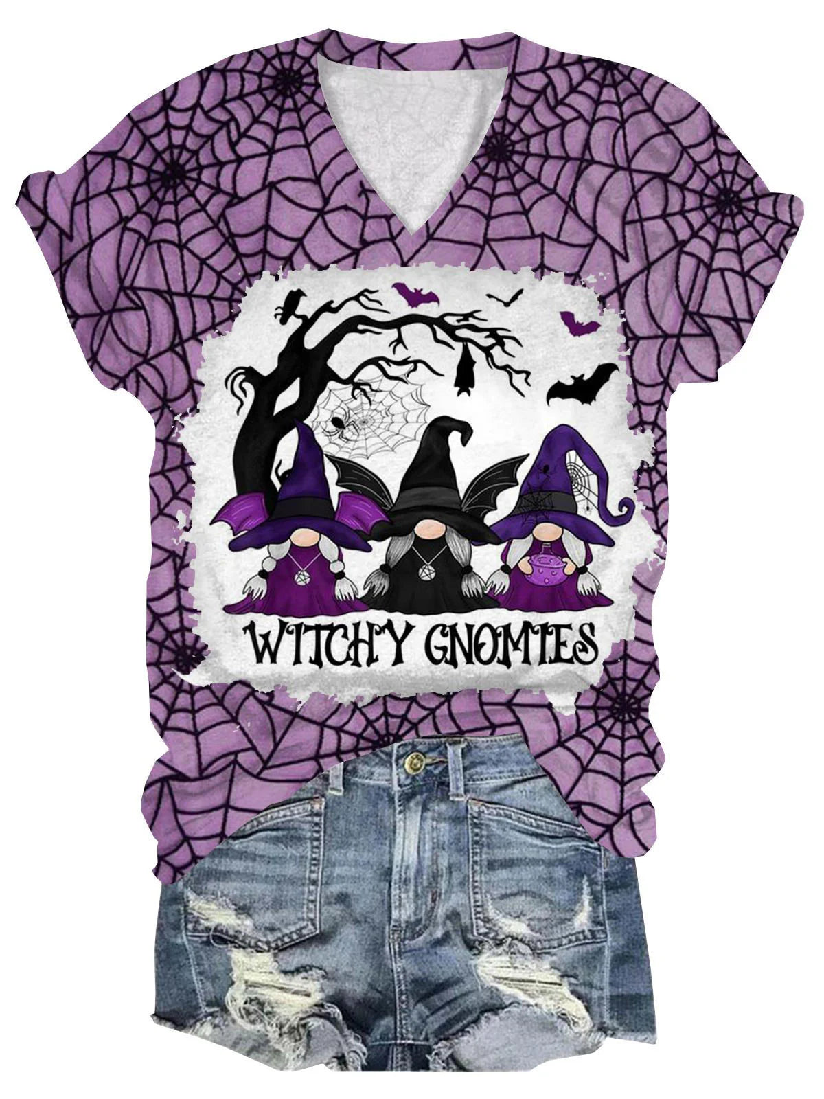 Women's Witch Cobweb Print V-Neck T-Shirt