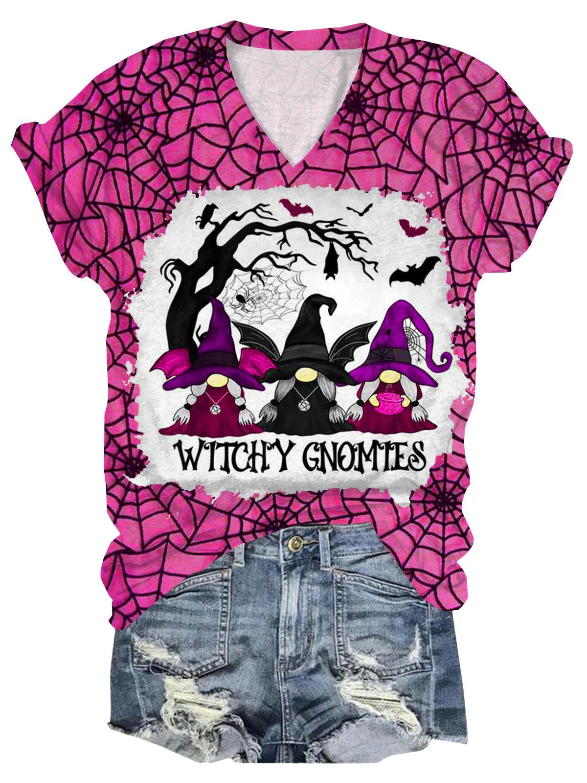 Women's Witch Cobweb Print V-Neck T-Shirt