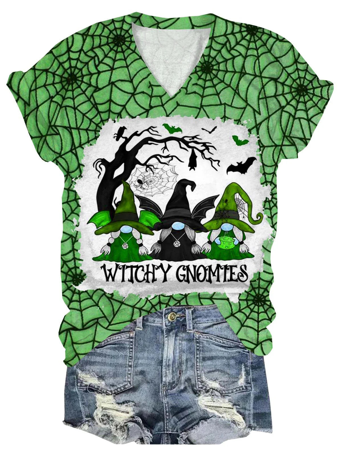 Women's Witch Cobweb Print V-Neck T-Shirt