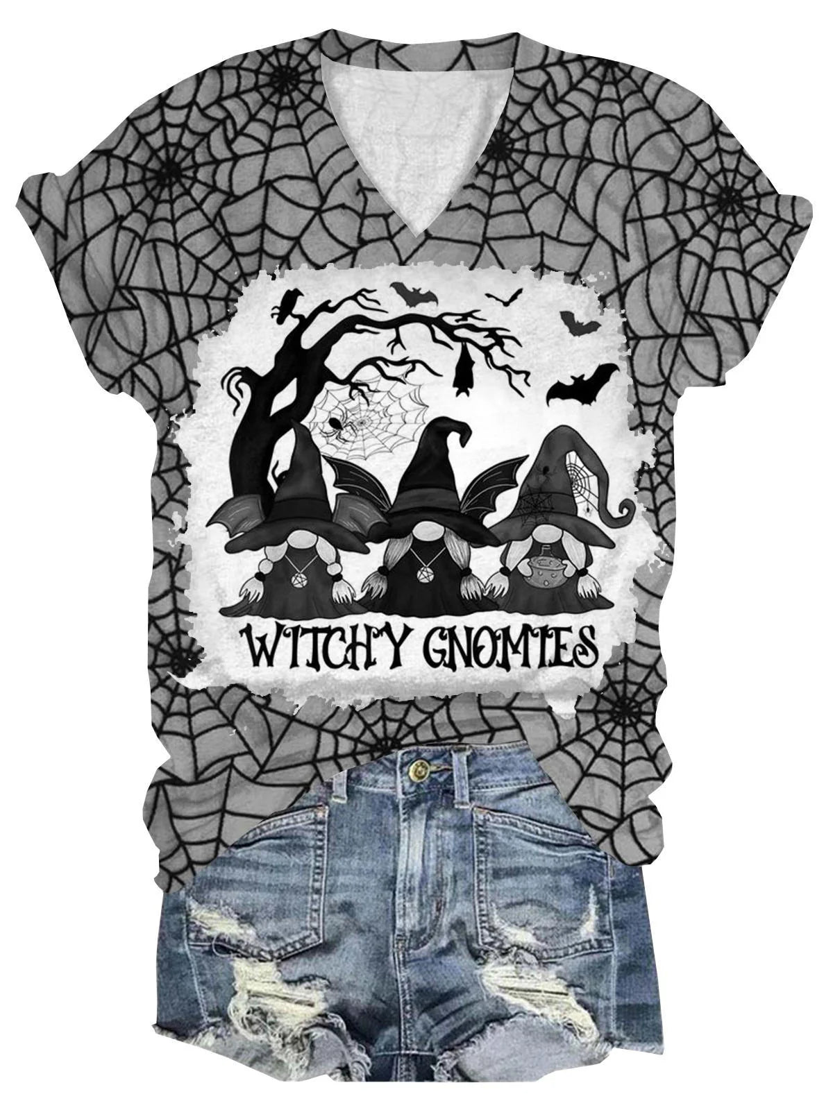 Women's Witch Cobweb Print V-Neck T-Shirt