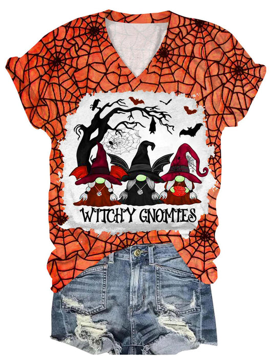 Women's Witch Cobweb Print V-Neck T-Shirt