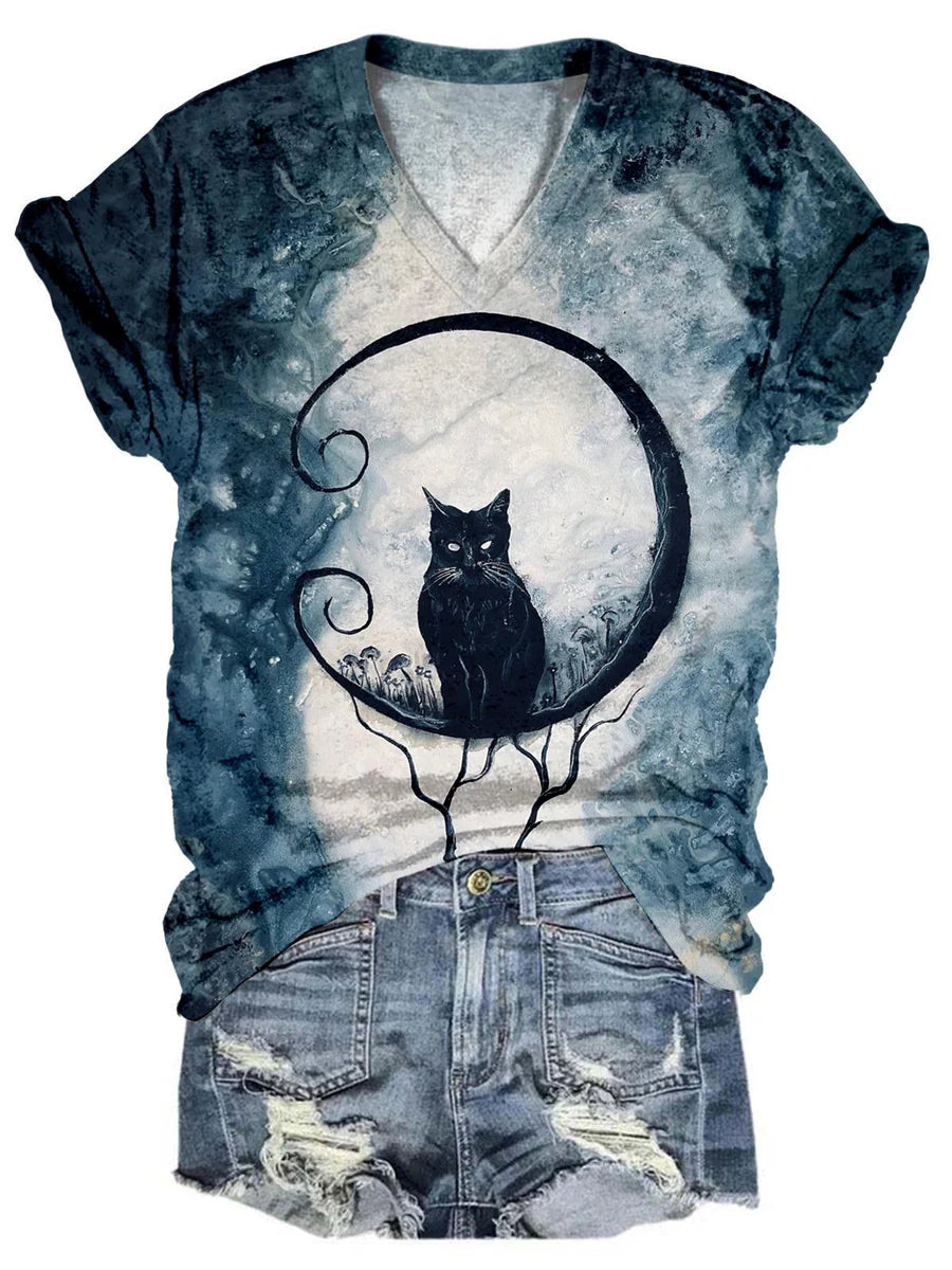 Women's Spooky Black Cats Print V-Neck Casual T-Shirt