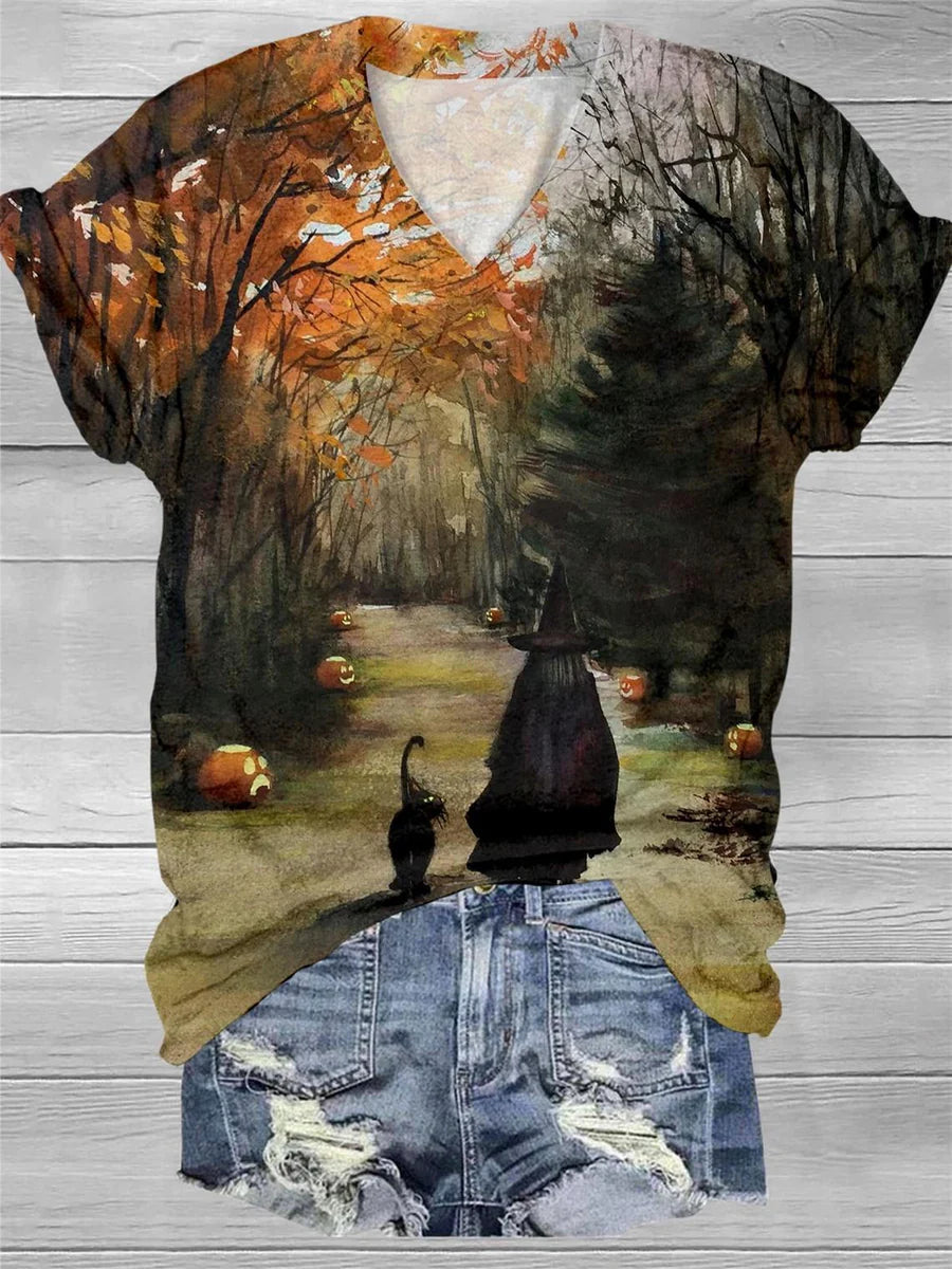 Women's Chic Witch Art Print V-Neck T-Shirt