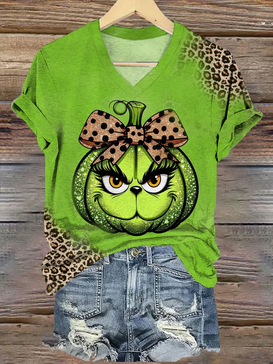 Women's Halloween Pumpkin Leopard Print V-Neck Casual T-Shirt