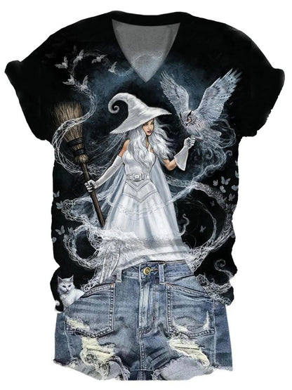 Women's Witch Art Print V-Neck T-Shirt