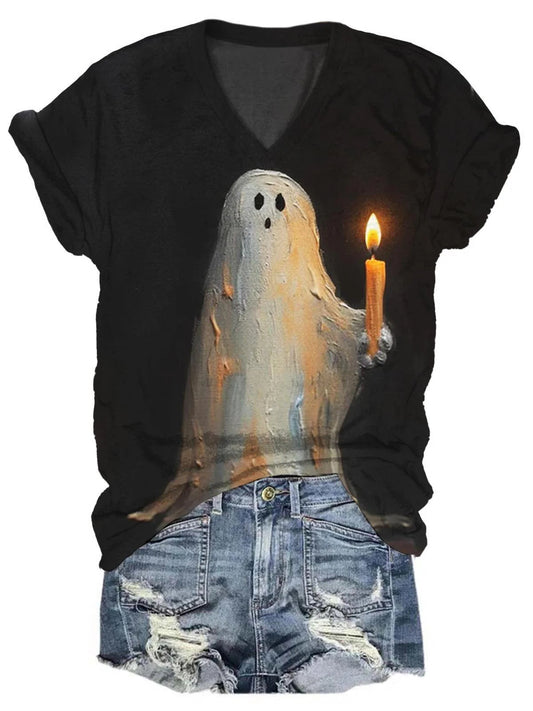 Women's Vintage Ghost Oil Painting Print V-Neck Casual T-Shirt