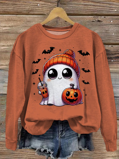 Halloween Cute Ghost Pumpkin Print Long Sleeve Sweatshirt