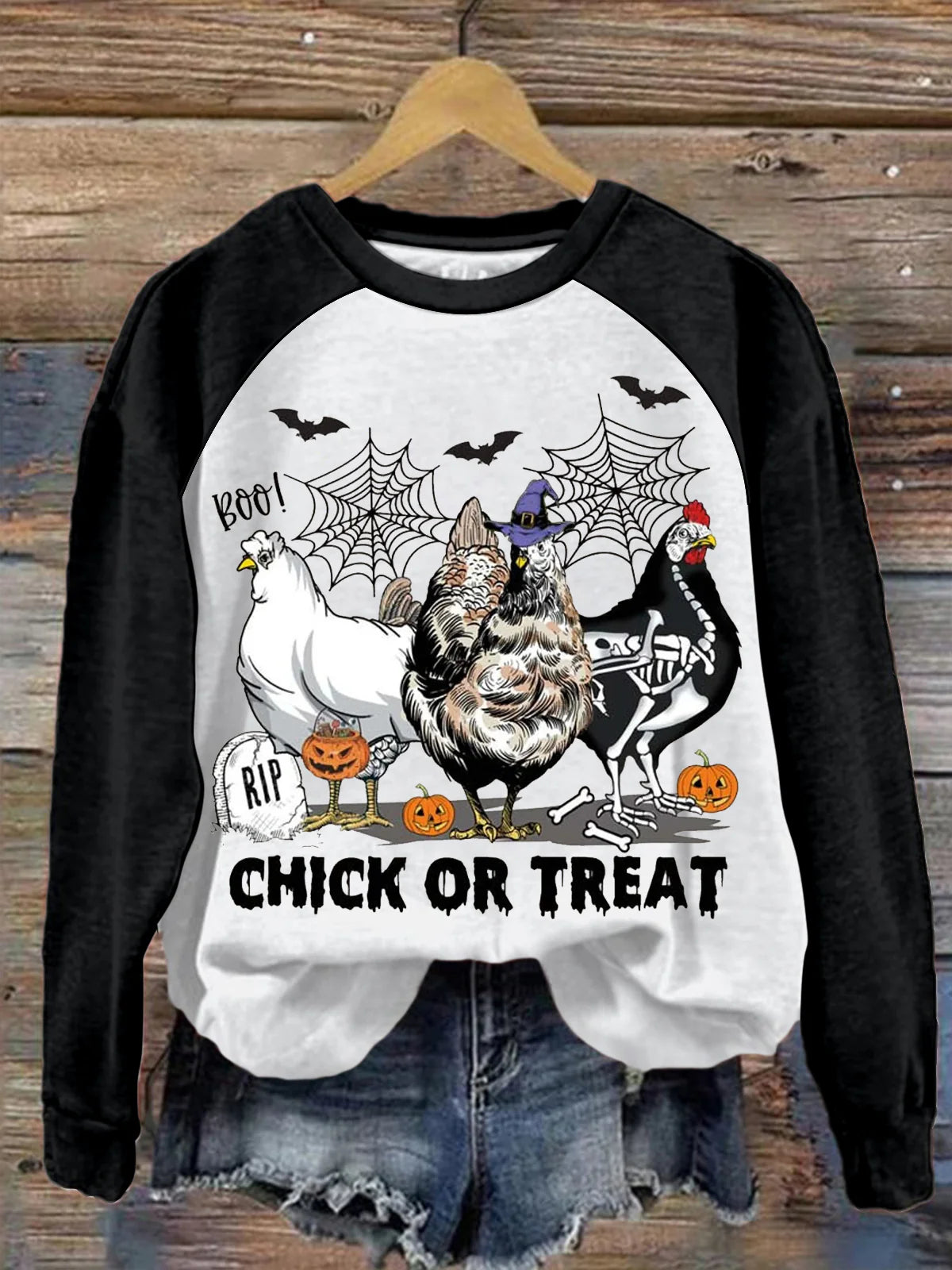 Halloween Chicken Pumpkin Raglan Long Sleeve Sweatshirt