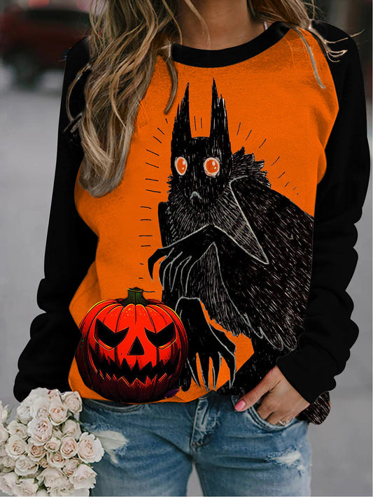 Halloween Cat Pumpkin Print Raglan Long Sleeve Sweatshirt