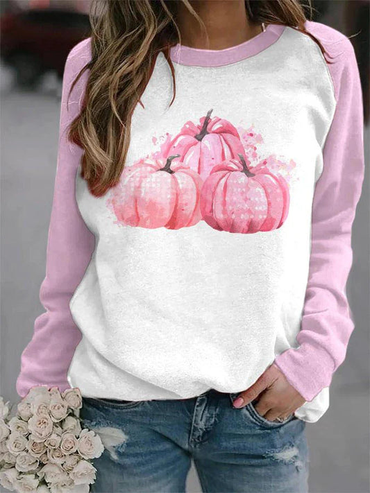 Halloween Pink Pumpkin Print Raglan Long Sleeve Sweatshirt