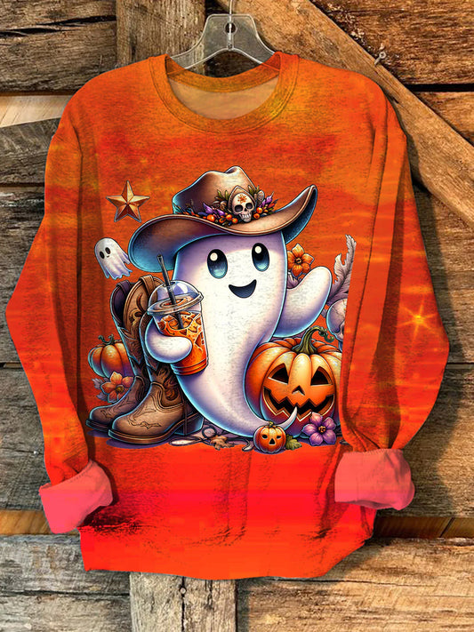 Halloween Cute Ghost Pumpkin Print Long Sleeve Sweatshirt