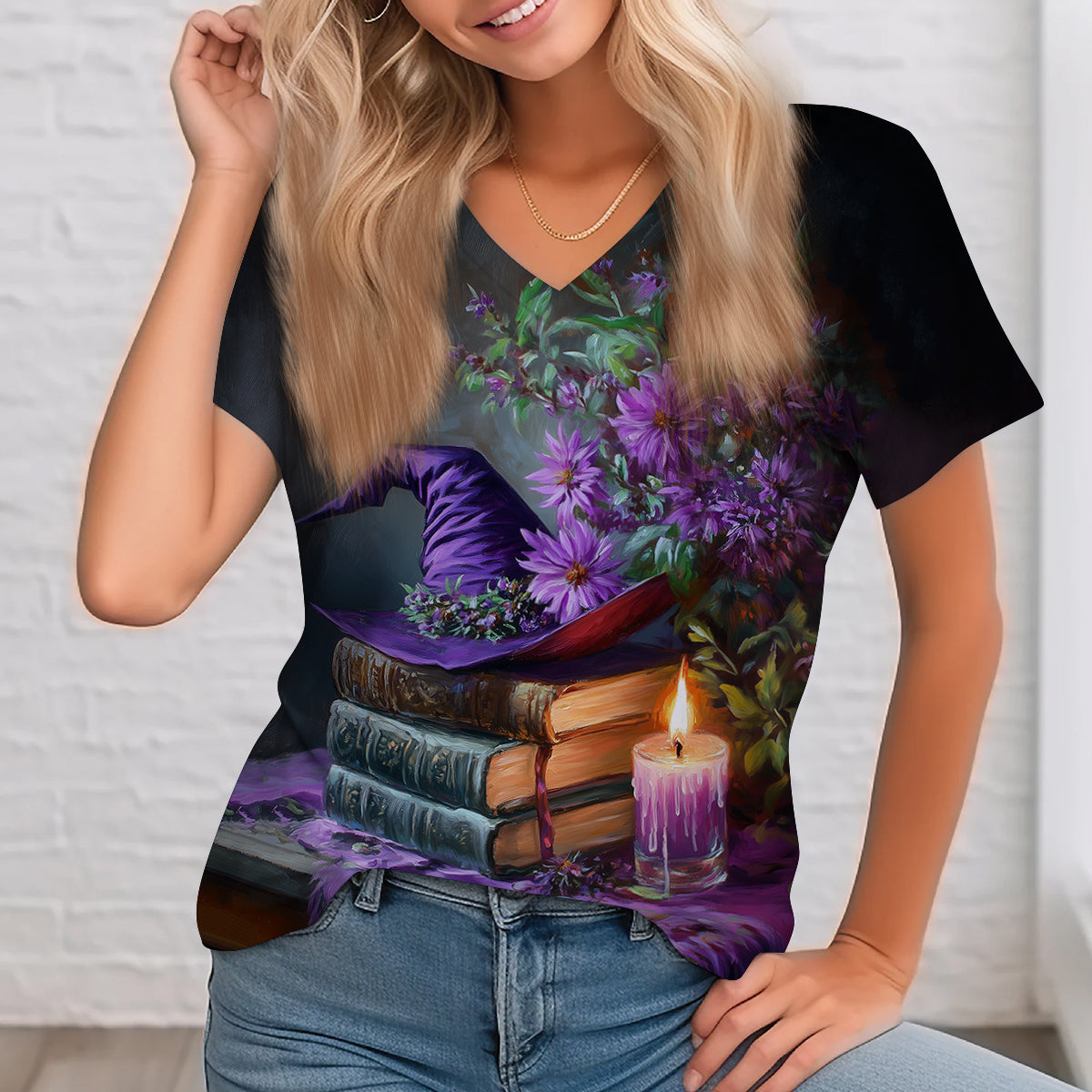 Witch Magic Book Art Print Unisex V-Neck Short Sleeve Casual T-Shirt