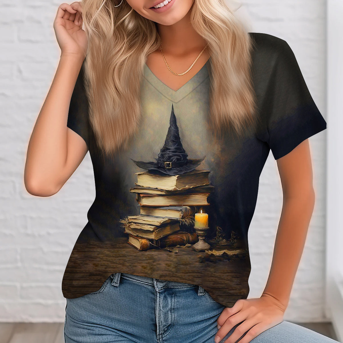 Witch Magic Book Art Print Unisex V-Neck Short Sleeve Casual T-Shirt