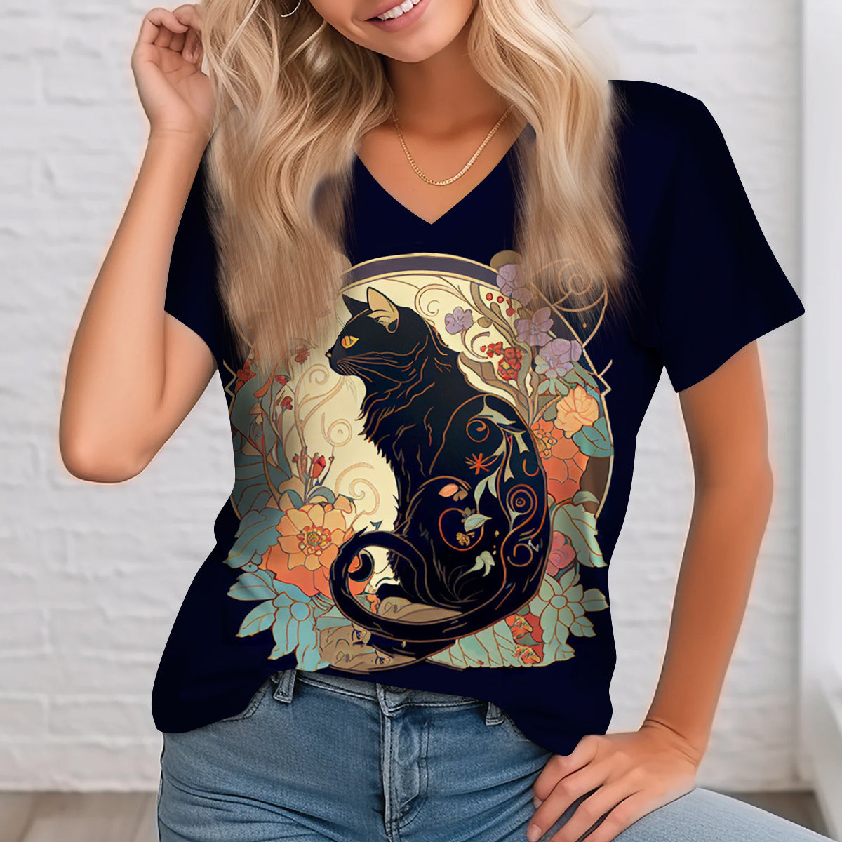 Divine Black Cat with Rose V-Neck Short Sleeve Casual T-Shirt