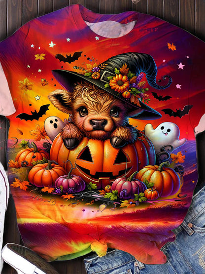 Halloween Ox Art Print Round Neck Casual T-Shirt