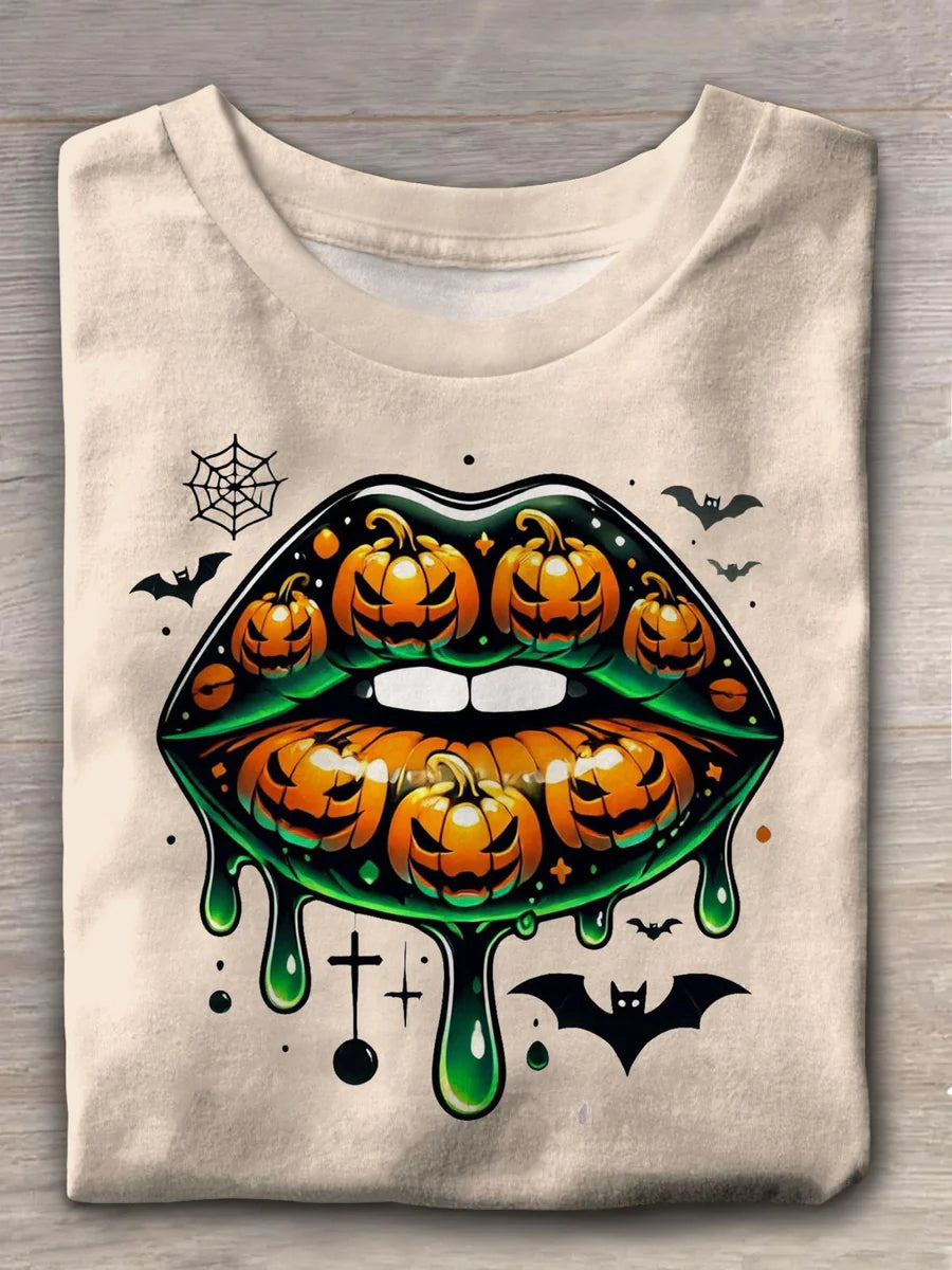 Vintage Mouth Pumpkin Print Casual T-Shirt