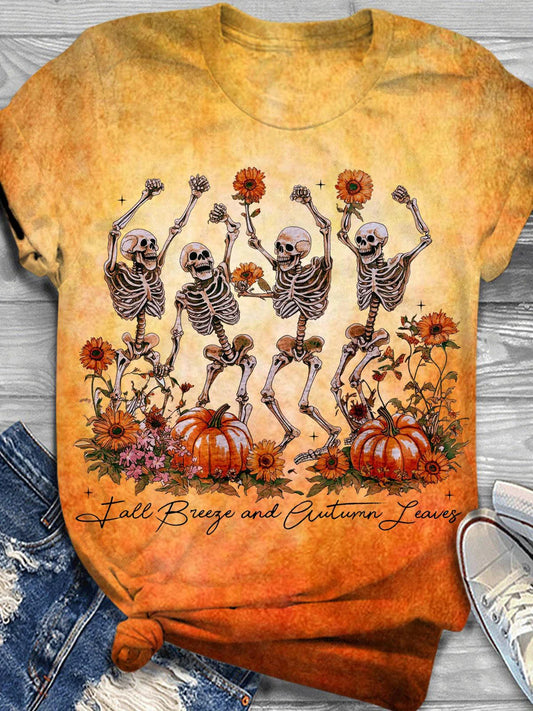 Halloween Skull Pumpkin Flower Print Casual T-Shirt