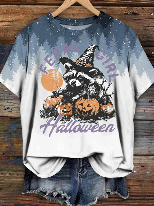 Halloween Raccoon Pumpkin Art Print Round Neck Casual T-Shirt