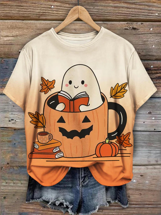 Halloween Coffee cup Ghost Print Casual T-Shirt