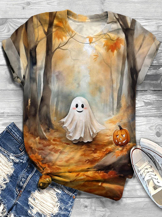 Halloween Forest Ghost Print Casual T-Shirt