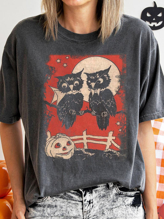 Owl Art Print Round Neck Casual T-Shirt