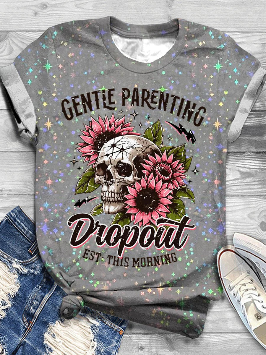 Humor Dropout Skull Print Casual T-Shirt