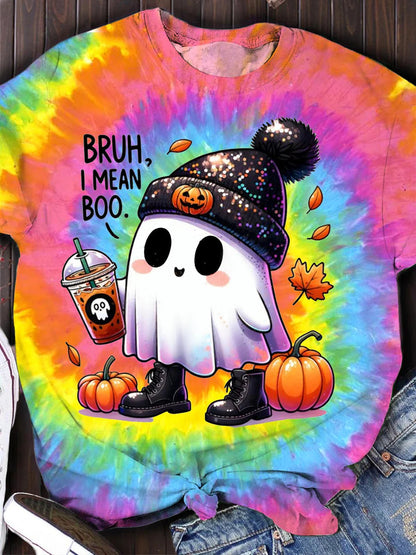 Halloween Color Ghost Pumpkin Print Tie-dye Casual T-Shirt