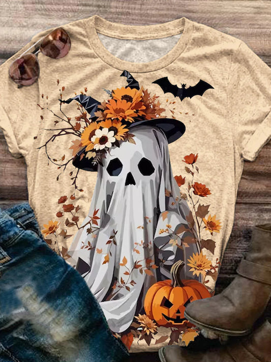 Women's Halloween Witch Hat Ghost Print Casual T-Shirt