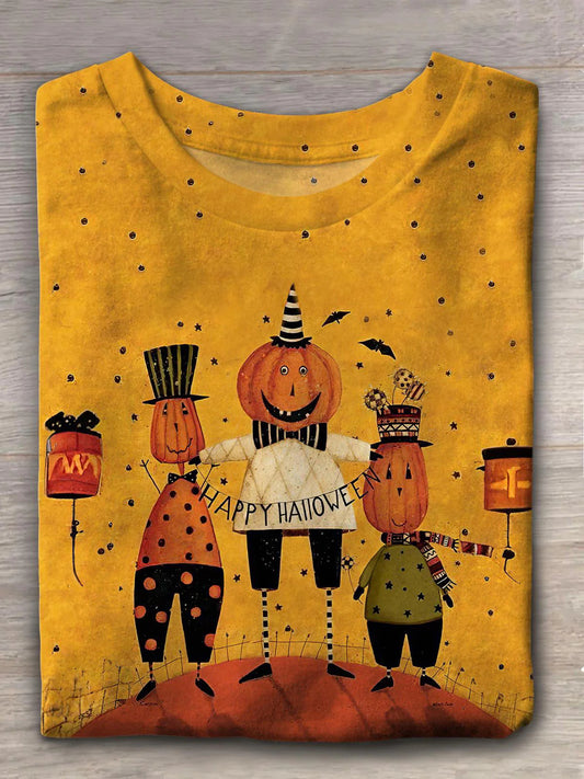 Halloween Vintage Pumpkin Bat Print Casual T-Shirt