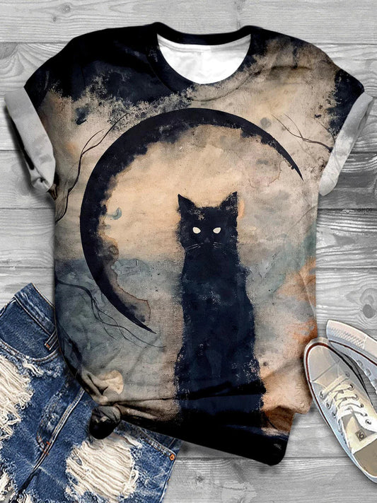 Simplicity Cat Art Print Round Neck Casual T-Shirt