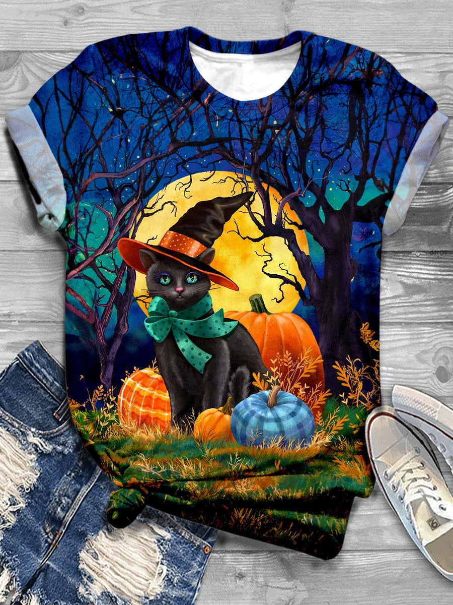 Halloween Cat Art Print Round Neck Casual T-Shirt