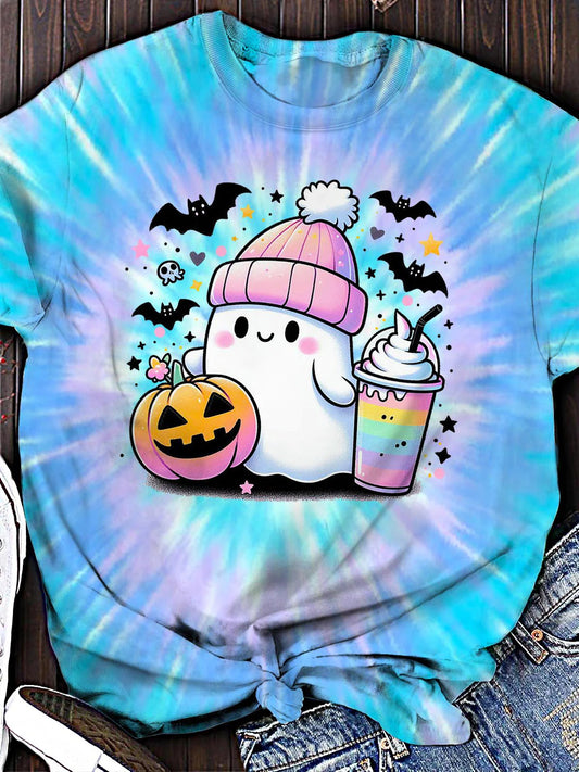 Women's Cute Ghost Pumpkin Print Tie-dye Casual T-Shirt