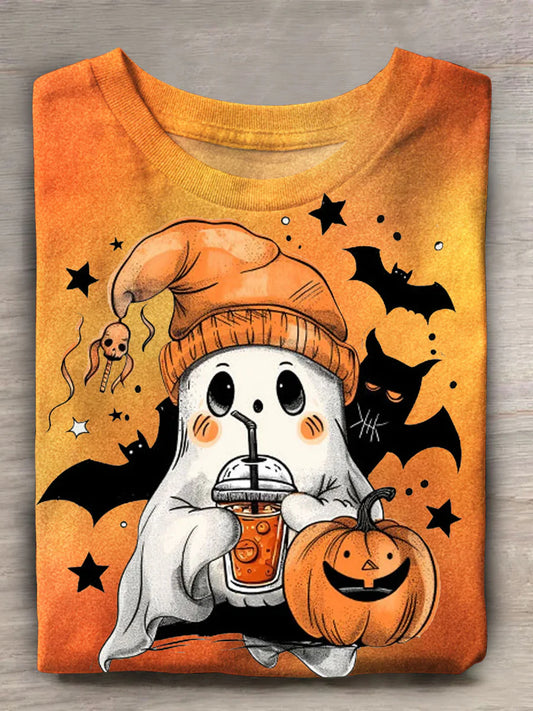 Halloween Ghost Drinking Print Casual T-Shirt