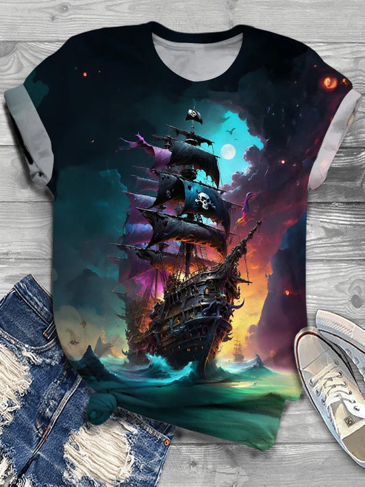 Horror Pirate Ship Print Casual T-Shirt