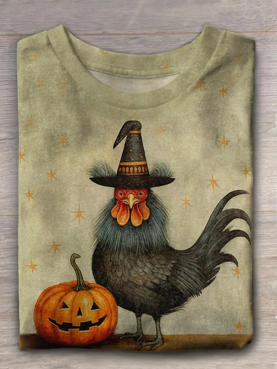 Chicken Art Print Round Neck Casual T-Shirt