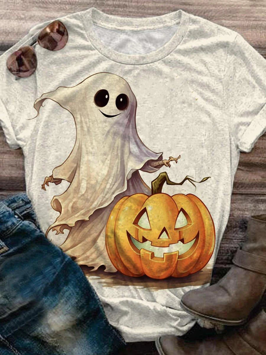 Halloween Ghost Pumpkin Simplicity Print Casual T-Shirt