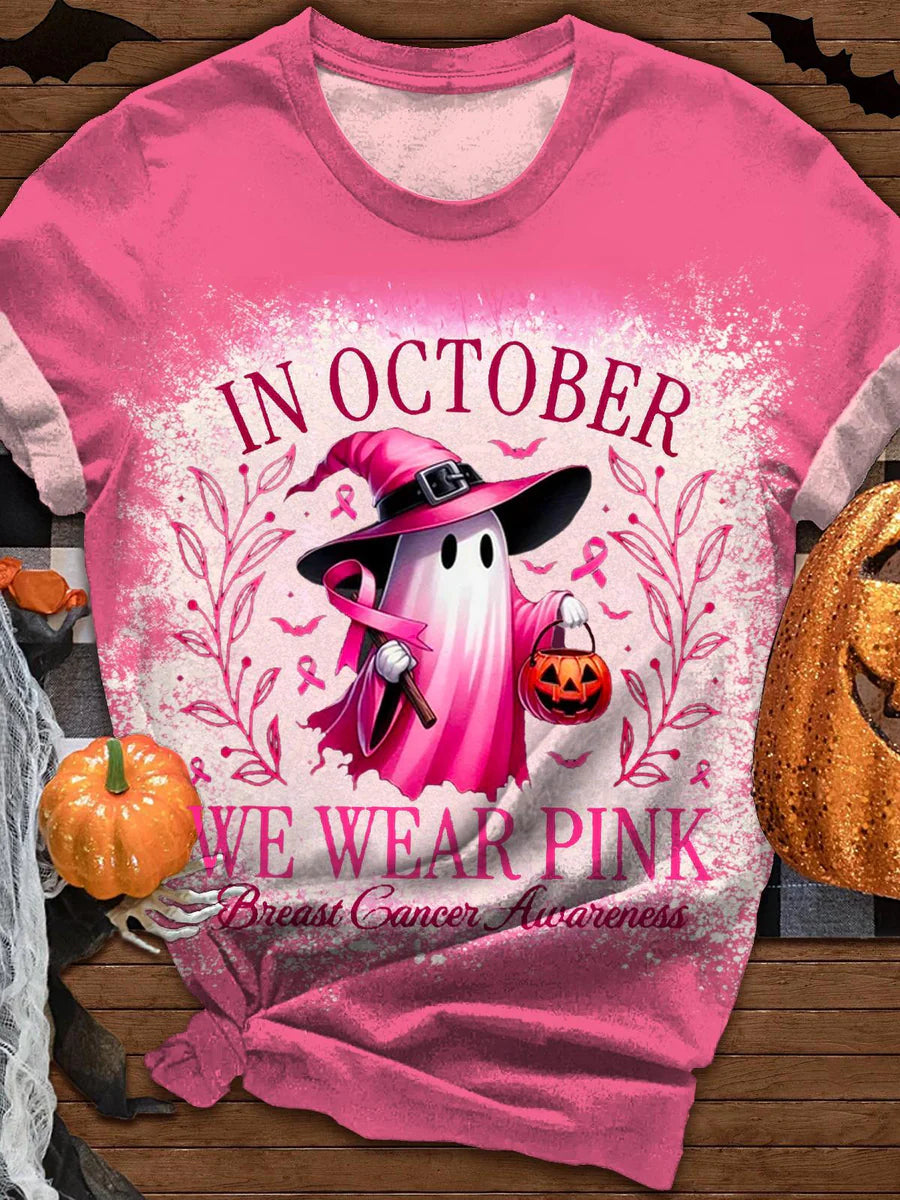 Halloween We Wear Pink Ghost Print Casual T-Shirt