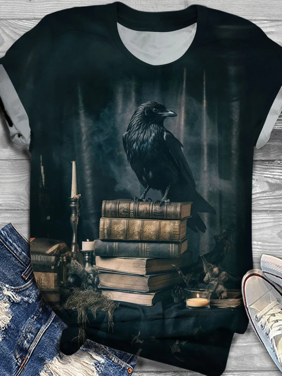 Crow Art Print Round Neck Casual T-Shirt