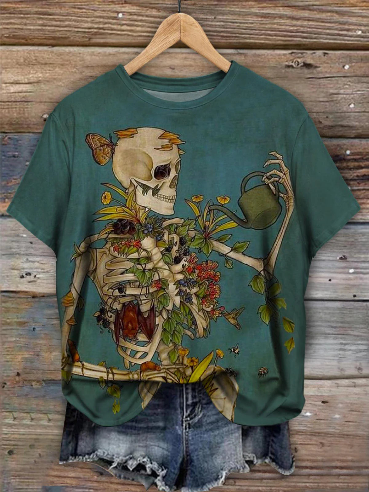 Green Skull Art Print Casual T-Shirt